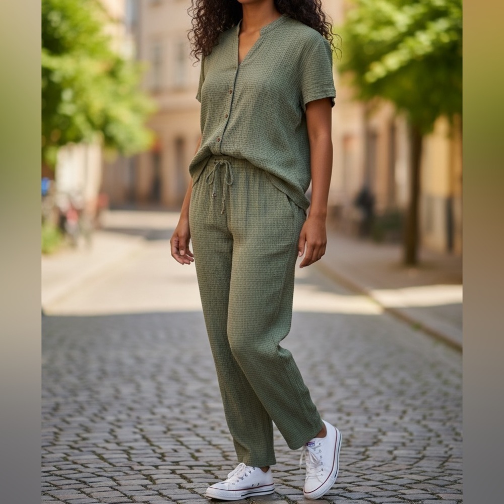 Vintage JM Collection Women's Size 16 Pant Set Sage Green Gauze Button Down Wood